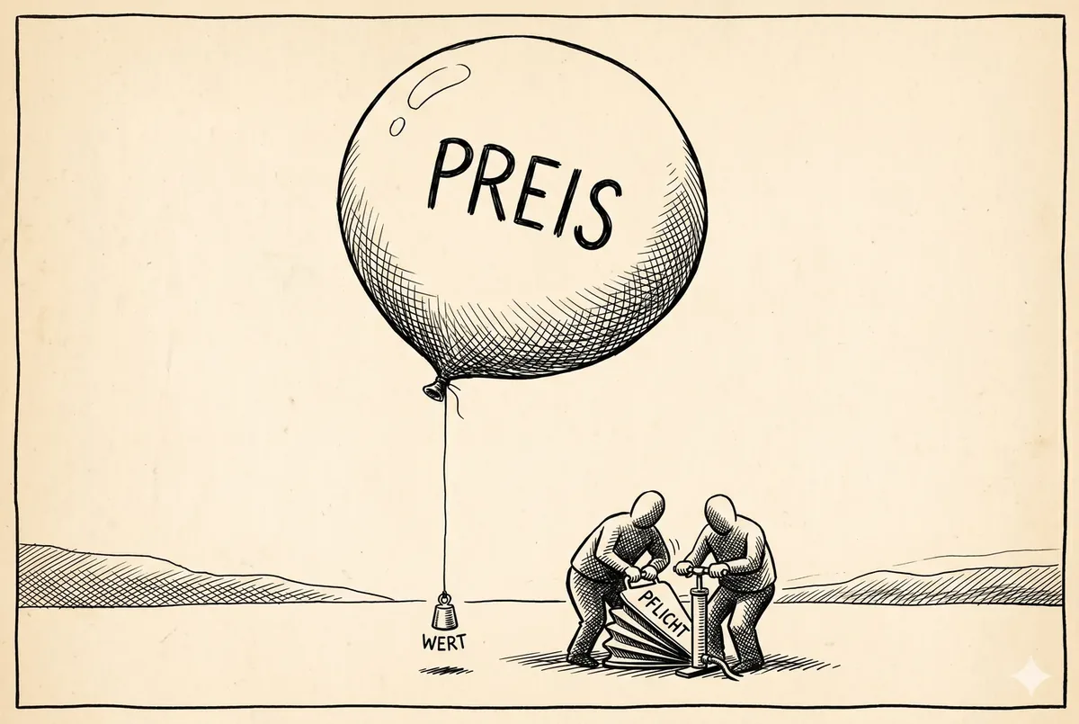 Editorial-Cartoon: riesiger PREIS-Ballon, aufgepumpt von PFLICHT, winziges WERT-Gewicht
