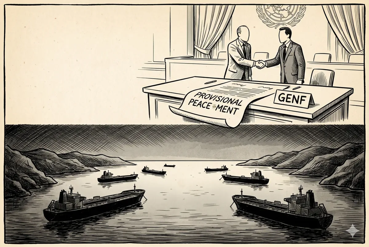 Editorial-Cartoon: Unterzeichnung in Genf, darunter die stillliegende Straße von Hormuz
